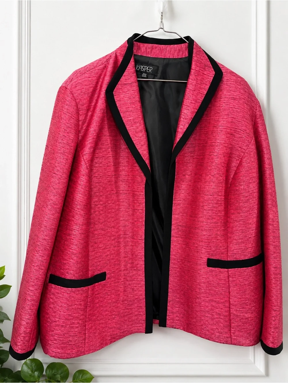 Kasper Pink Open-Front Blazer with Black Contrast Trim